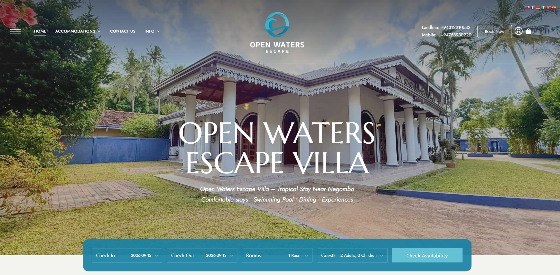 Open Waters Escape Villa website hero showing the villa exterior and booking panel