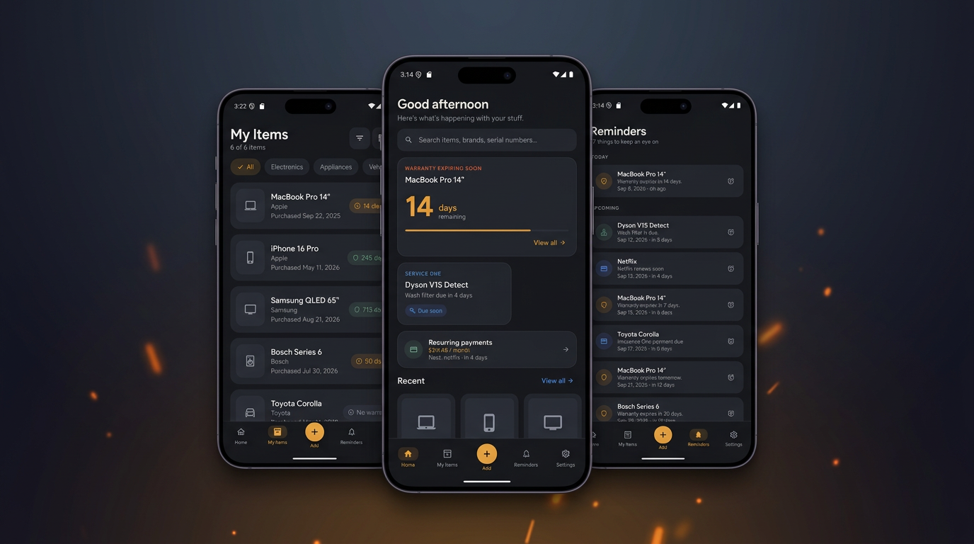 Ownkeep mobile app showing dashboard, items list, and reminders screens