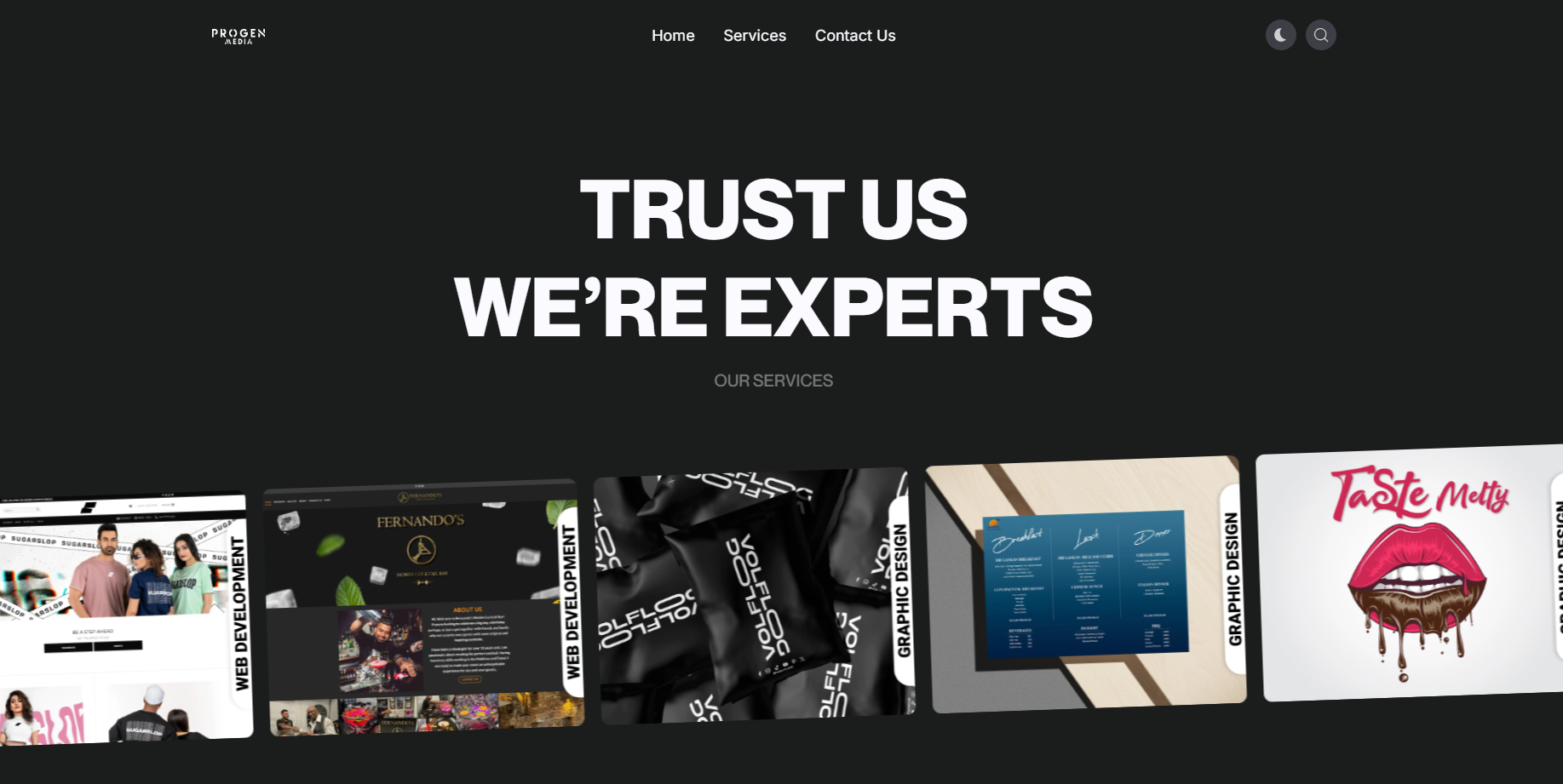 Progen Media portfolio site showing web development and graphic design work samples