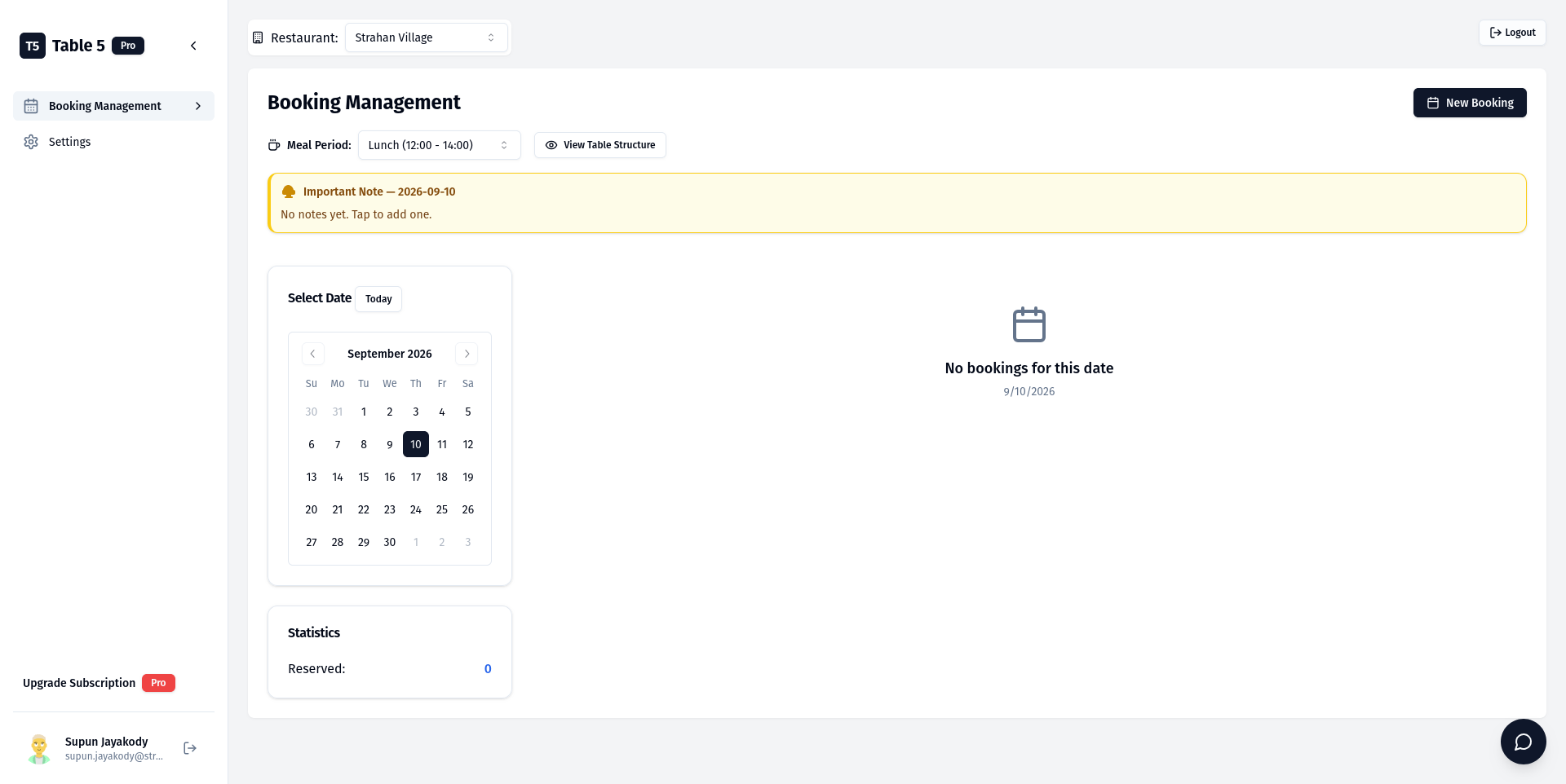 Table 5 Pro booking management dashboard preview